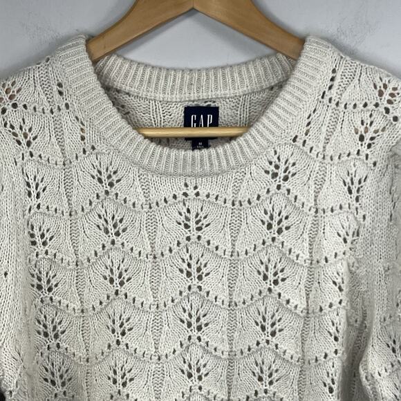 Gap Cream Ivory Pointelle Knit Sweater Sz M Tall Wool Blend Puff Sleeve - Picture 2 of 10